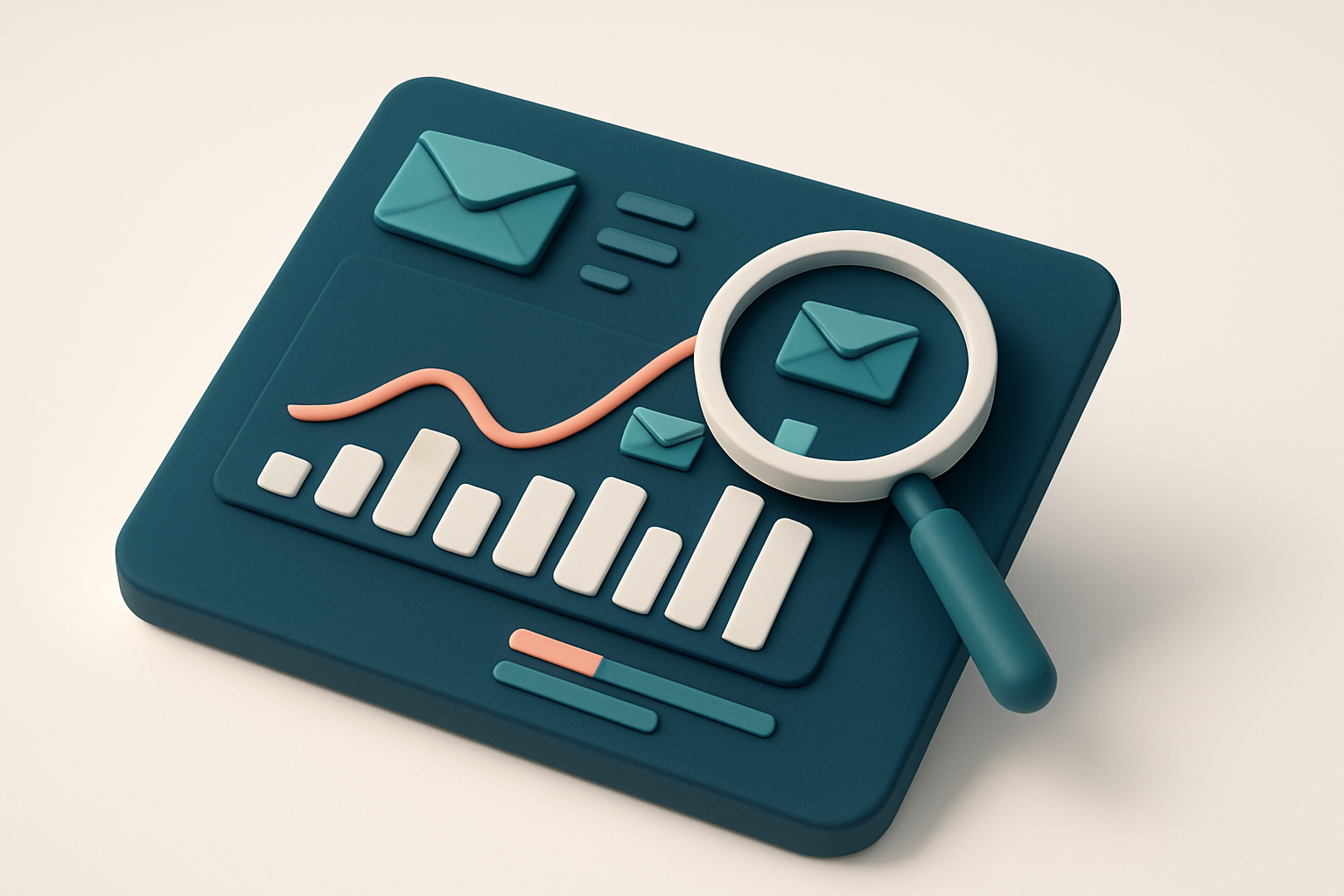 In-body 1: An isometric email dashboard with graphs indicating high open rates during peak hours, with a magnifying glass examining the data.