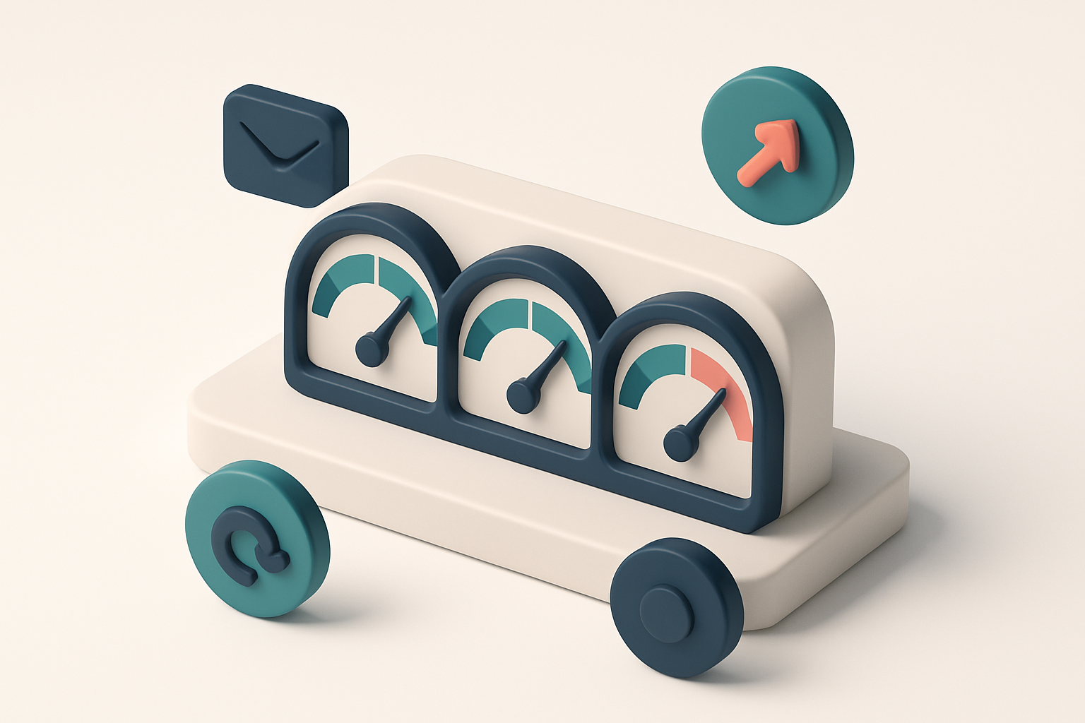 In-body 1: a 3D isometric dashboard featuring engagement metrics gauges, with needles pointing towards optimal ranges, surrounded by icons representing open rat