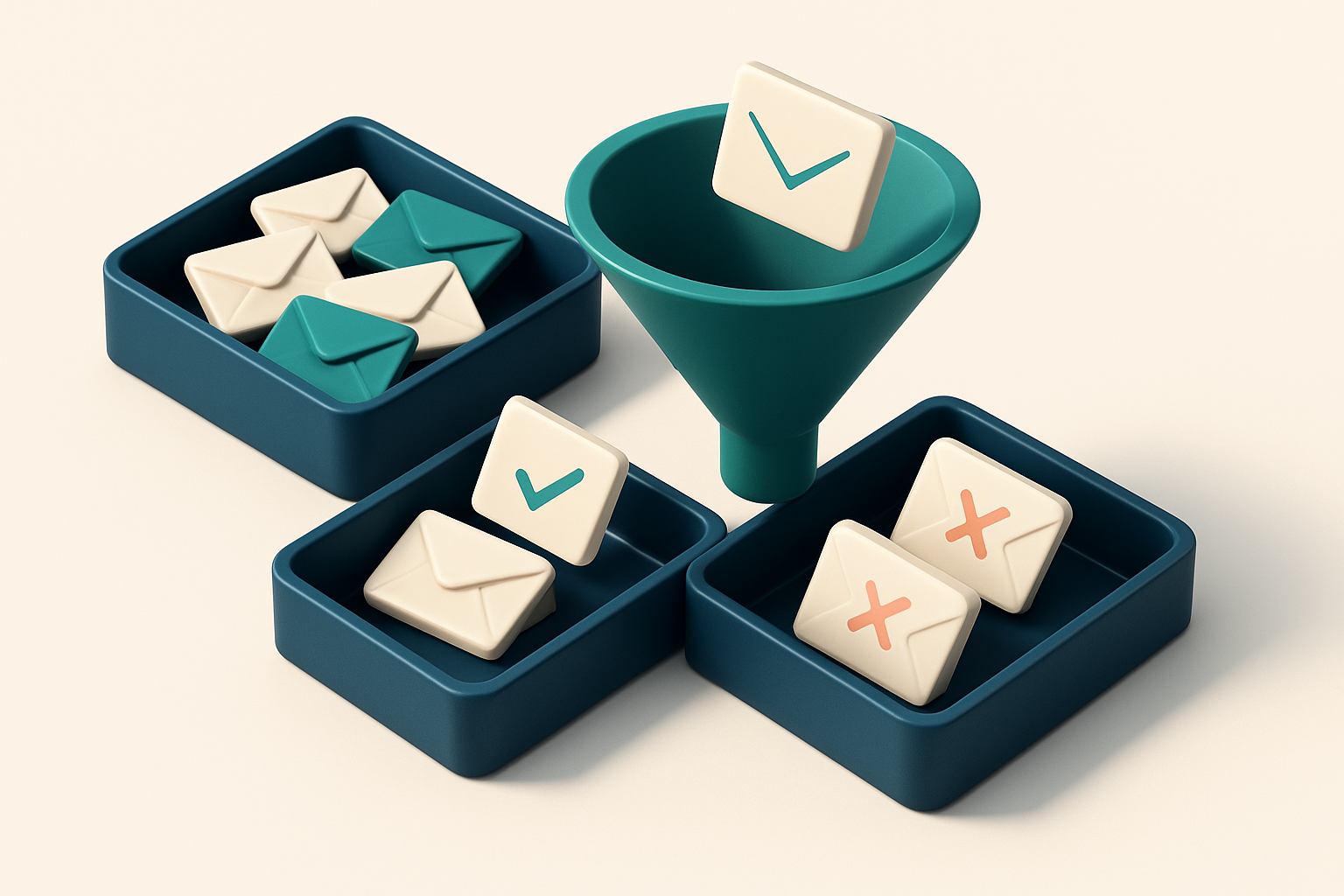 In-body 1: A funnel with emails being verified from a mixed input tray into separate trays labeled 'verified' and 'unverified'.