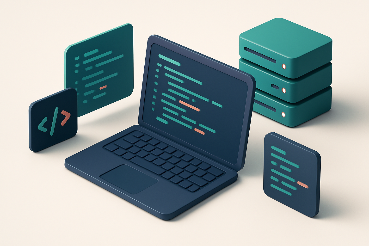 In-body 1: a 3D isometric scene of a PHP coding environment with code blocks and server icons around a central computer.