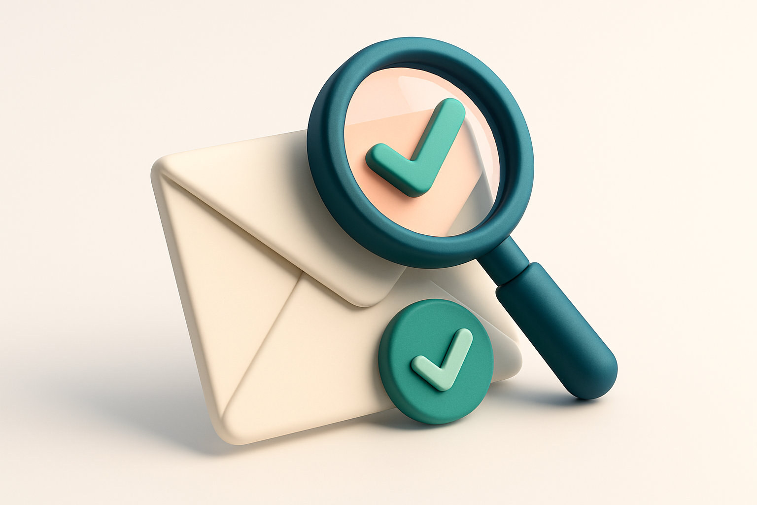 In-body 1: an isometric scene showing an email envelope passing through a magnifying glass, with a green 'pass' checkmark.