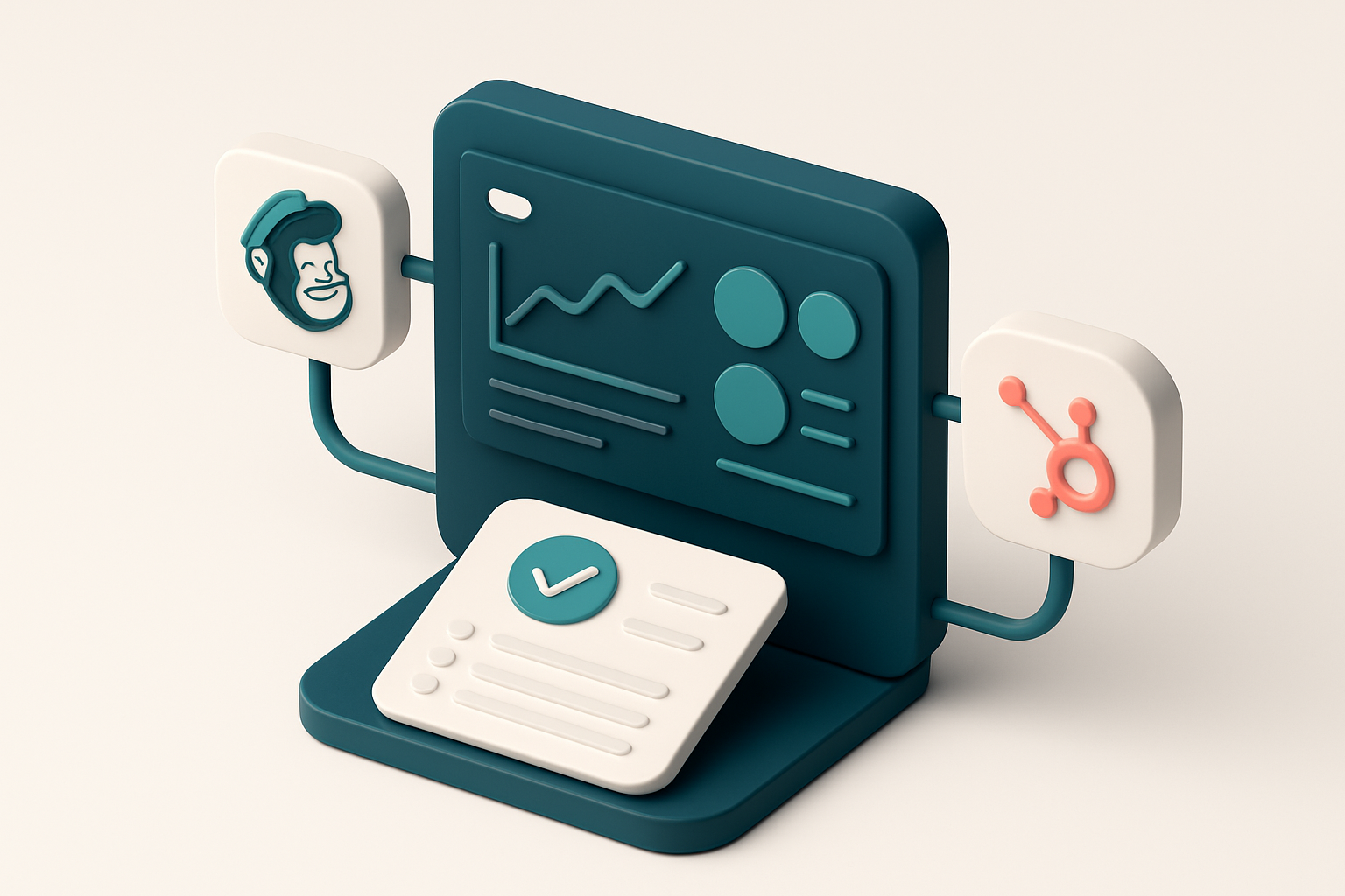 In-body 1: an isometric marketing dashboard with integration icons like Mailchimp and HubSpot seamlessly connecting with verified email lists.