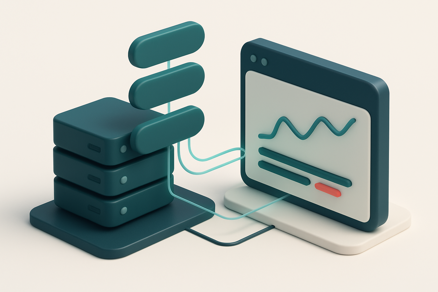 In-body 1: an isometric scene showing a server cluster with SMTP, MX, and DNS labels connected by digital lines to a dashboard