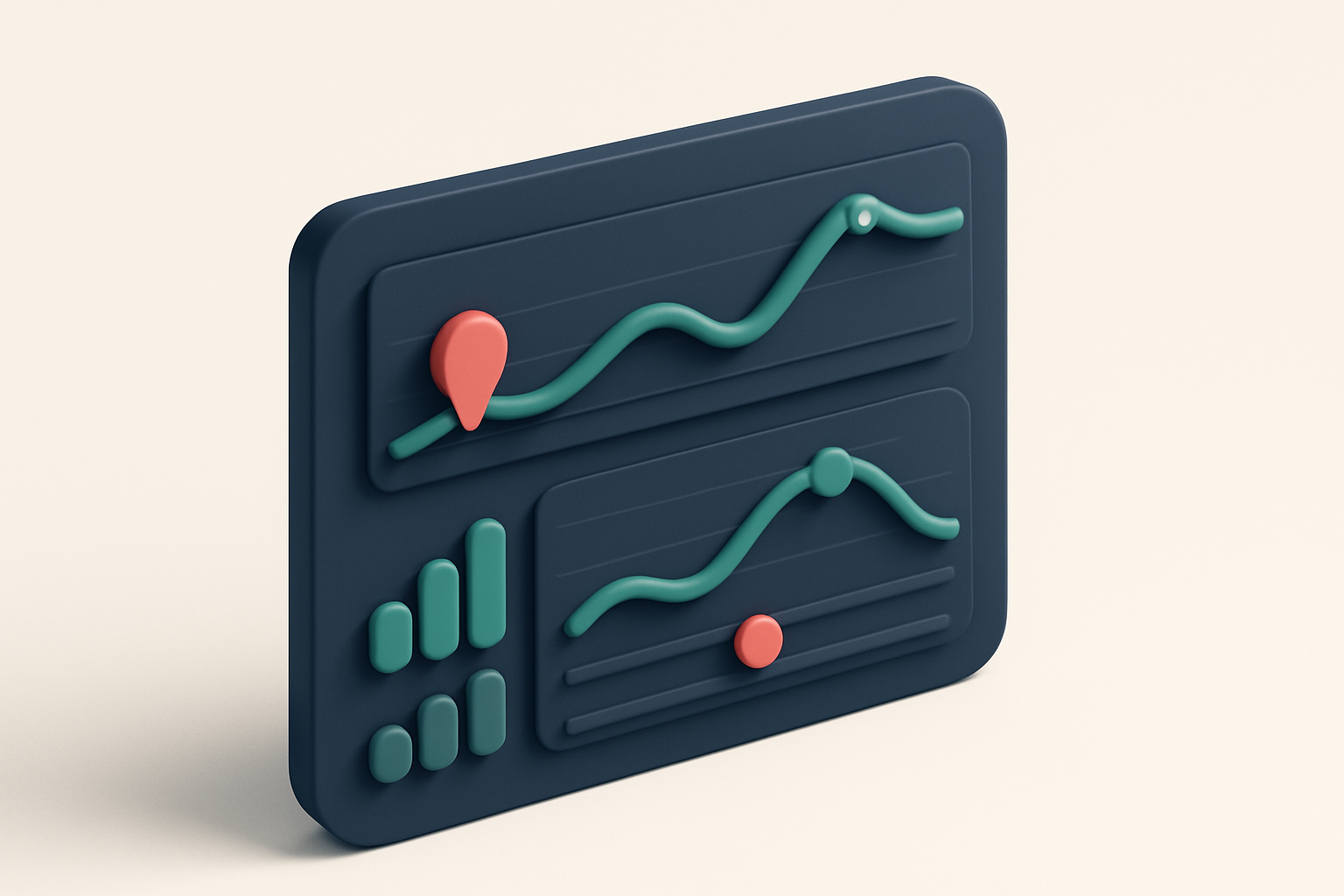 In-body 1: an isometric scene of a dashboard with graphs indicating sender reputation and engagement rates, with markers for high and low scores.