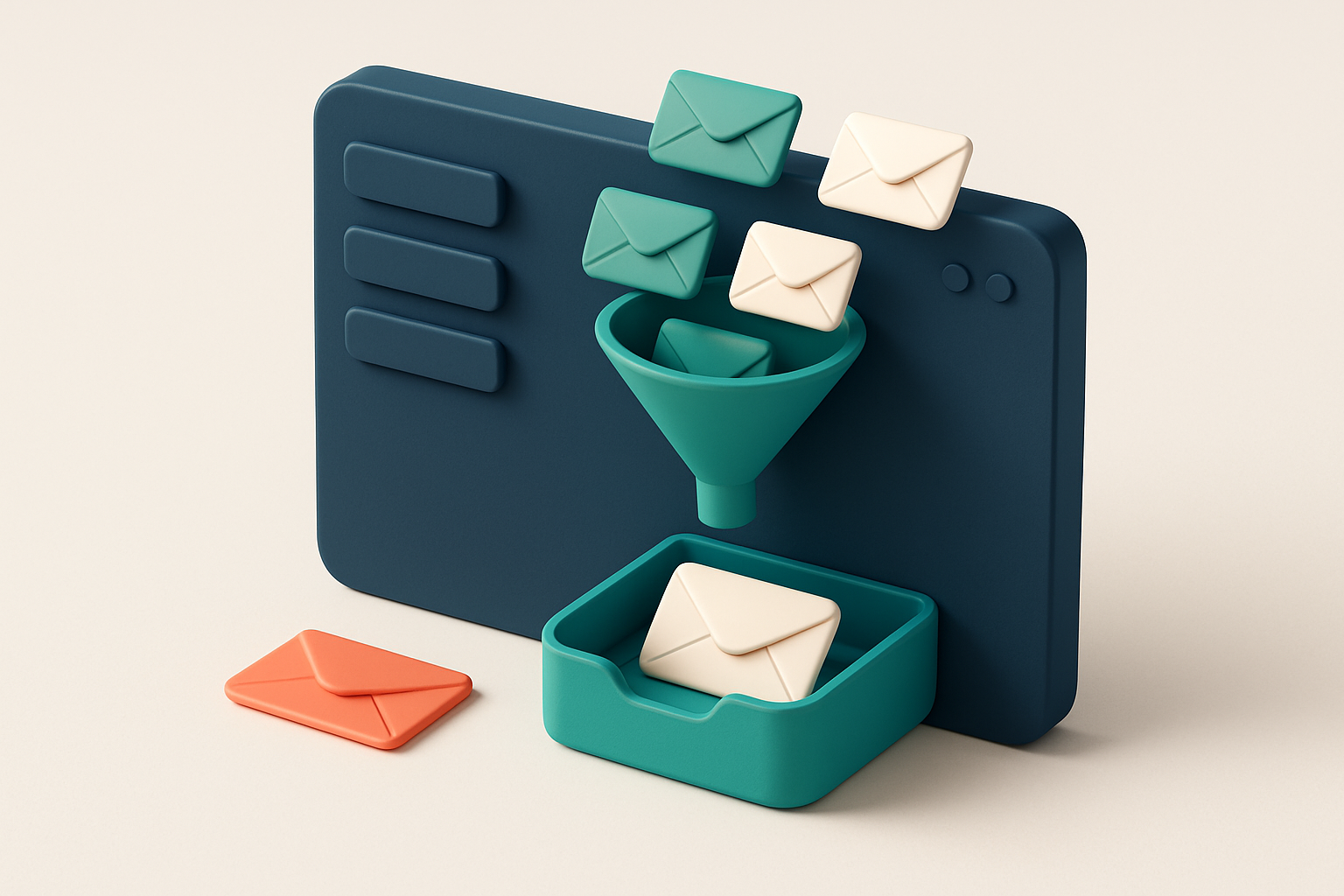 In-body 1: an isometric email dashboard showing a funnel with good emails flowing into the inbox and risky ones being filtered out.