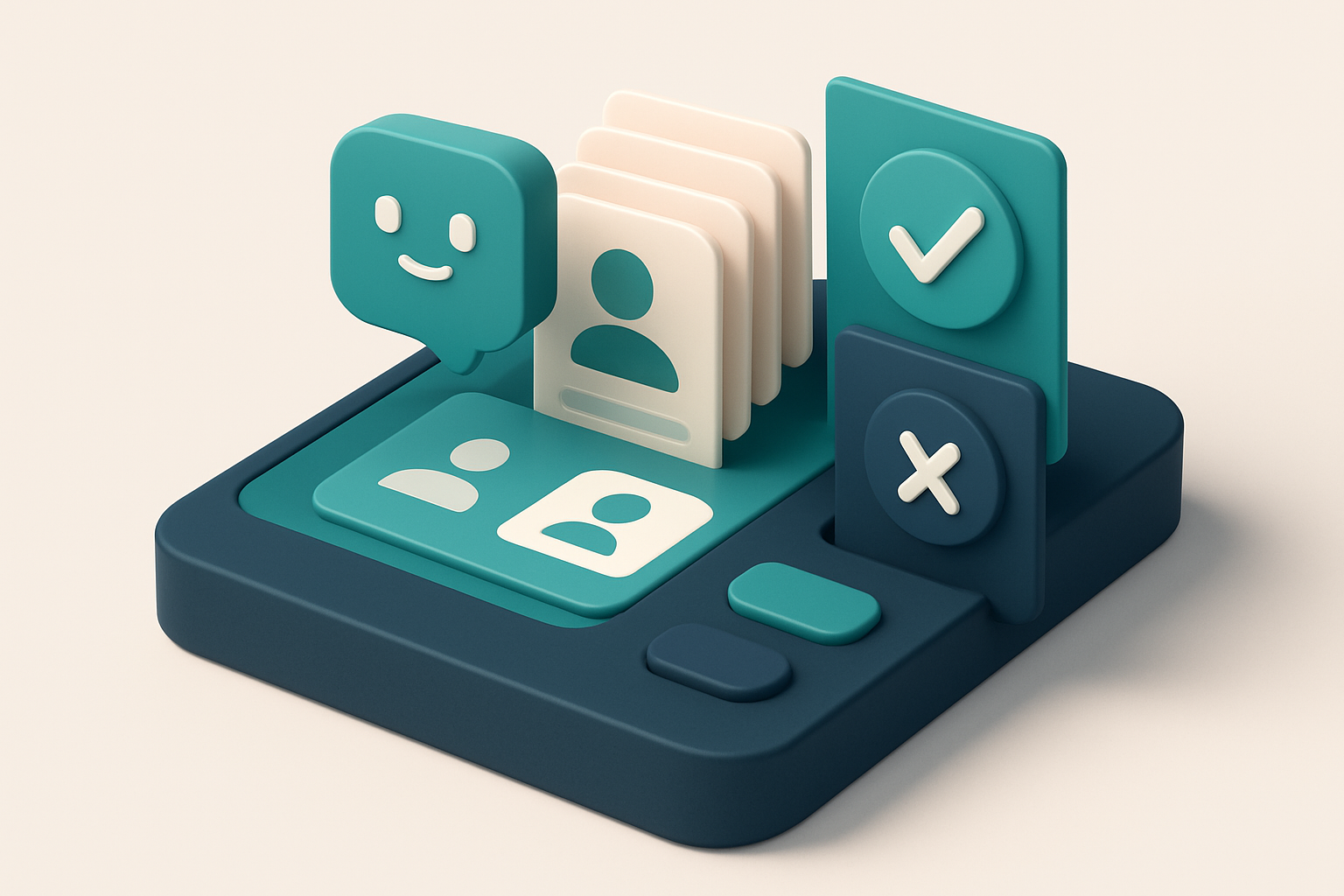 In-body 1: an isometric scene of a digital console with an AI assistant interface overlay, actively sifting through a stack of contact data, sorted into valid a