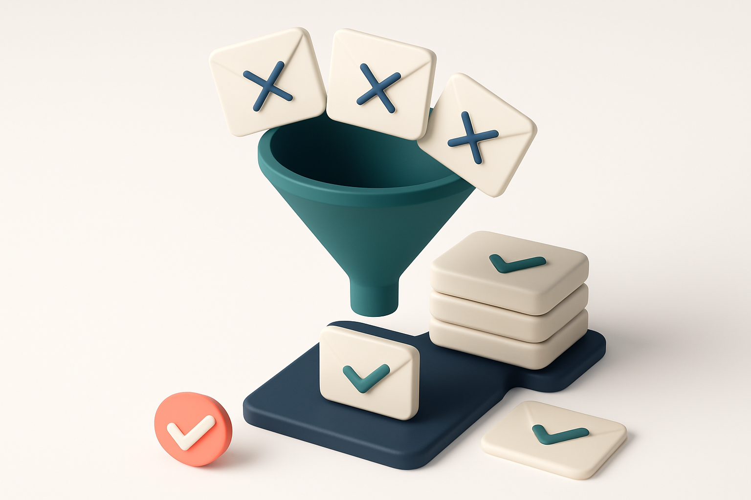 In-body 1: An isometric scene with a funnel filtering email addresses, showing clean verified emails emerging from the bottom, depicting the email verification