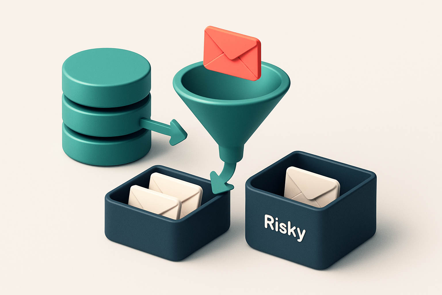 In-body 1: an isometric illustration of an email verification process, with arrows from a database to a funnel sorting envelopes into 'valid' and 'risky' bins.
