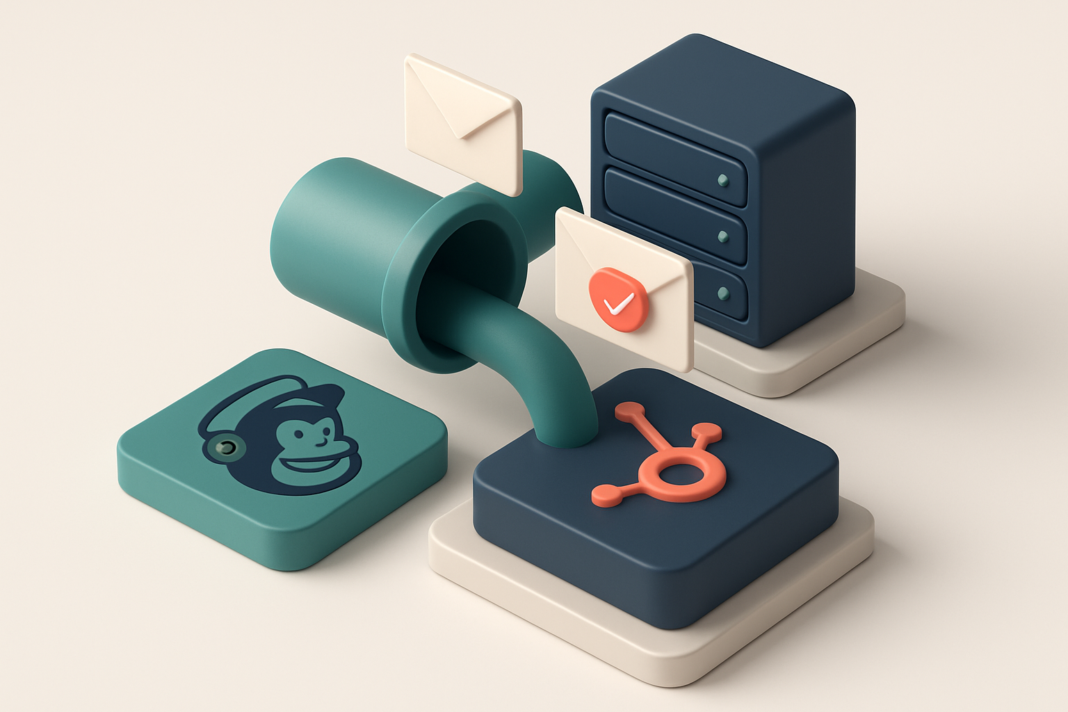 In-body 1: a server room with interconnected platforms like Mailchimp and HubSpot funneling emails through a verification tunnel