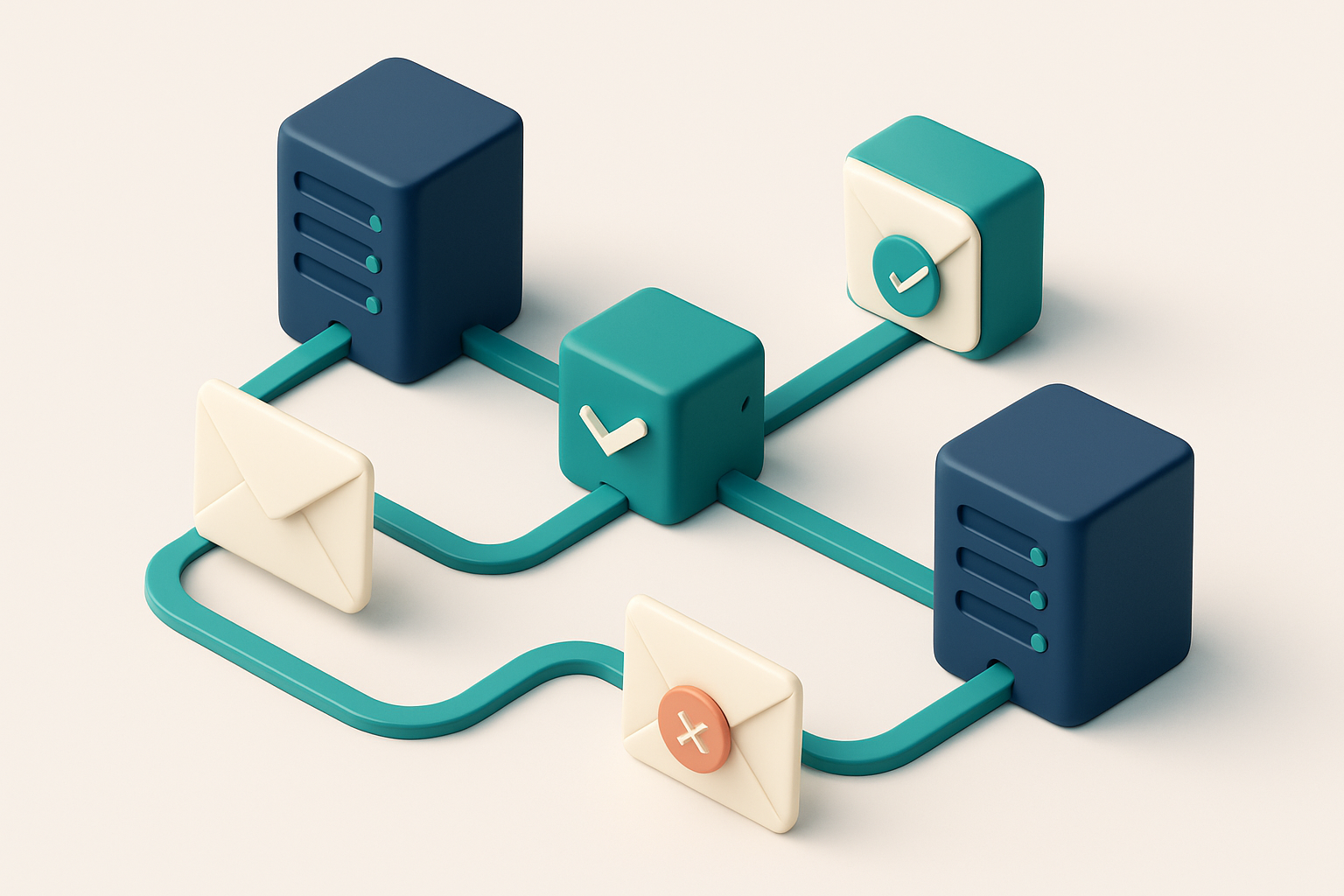 In-body 1: an isometric diagram of servers connected by data streams, with envelopes entering and passing SMTP checks, showing successful and failed deliveries.