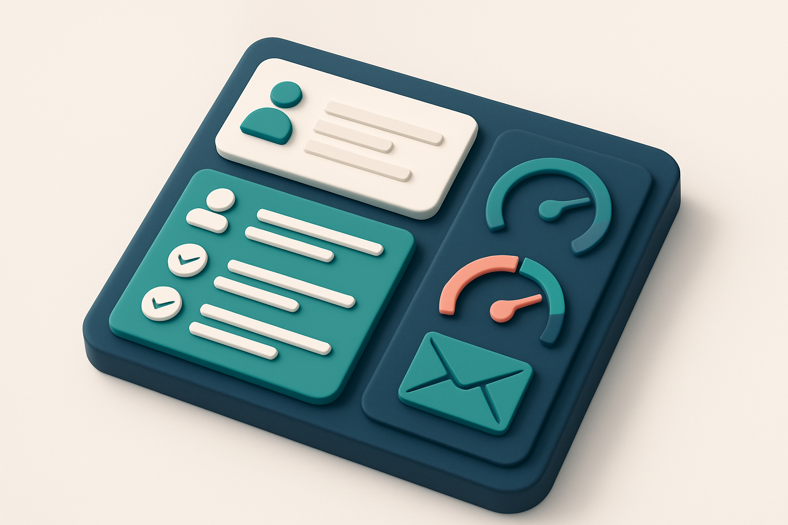 In-body 1: an isometric scene of a segmented email list dashboard, showing different sections for new subscribers, verified contacts, and engagement metrics wit