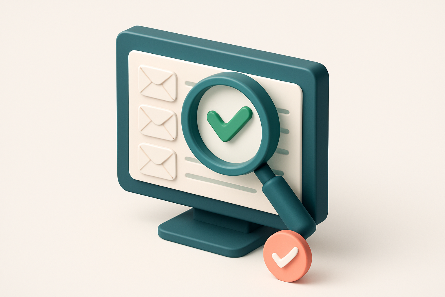 In-body 1: an isometric scene of a magnifying glass over an email list on a screen, with a checkmark symbolizing email verification.
