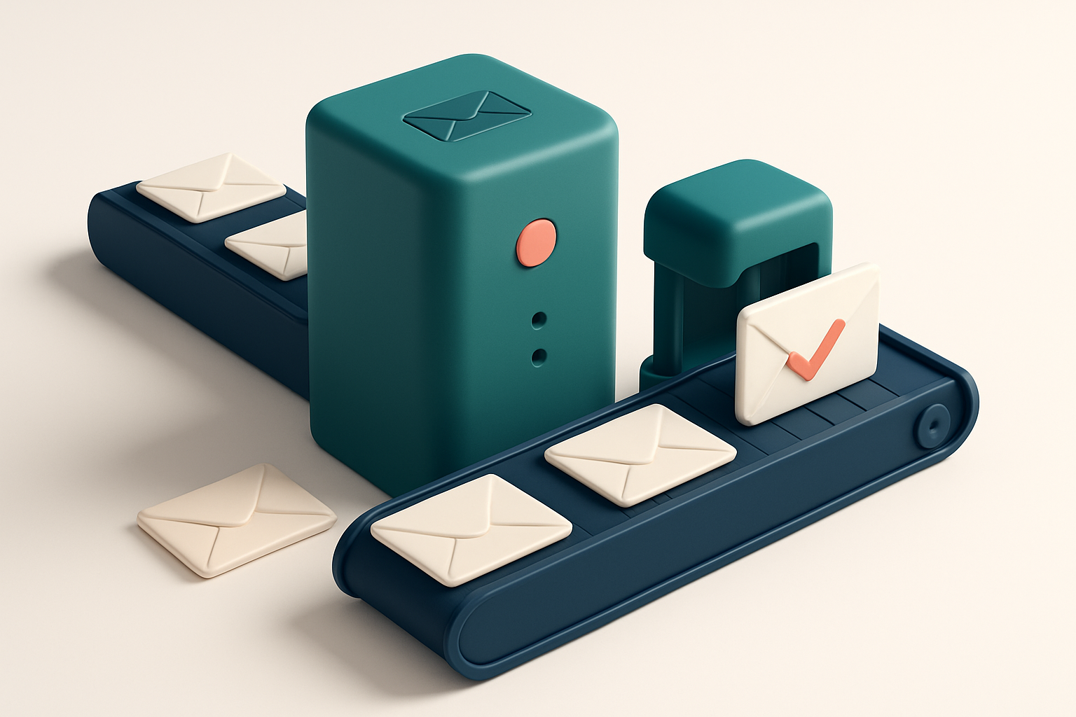 In-body 1: an isometric illustration of an email server with envelopes moving through a 'validating' conveyor belt