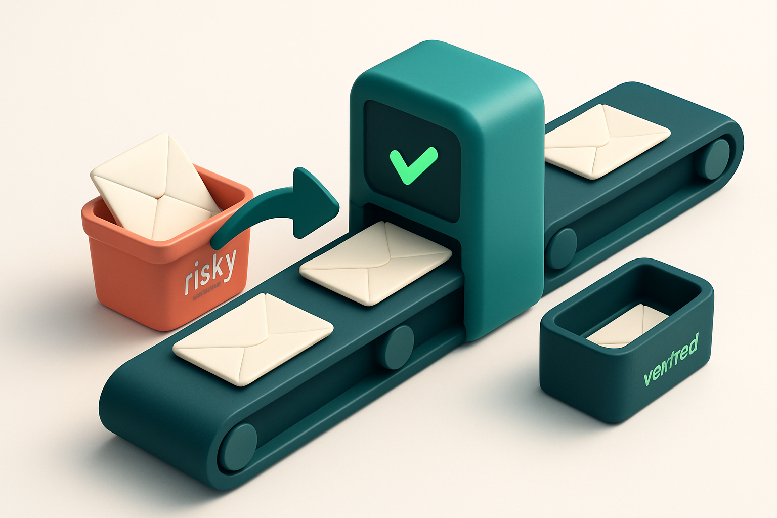 In-body 1: an isometric scene showing a conveyor belt with envelopes being scanned, some diverted to a red 'risky' bin while others move forward to a green 'ver