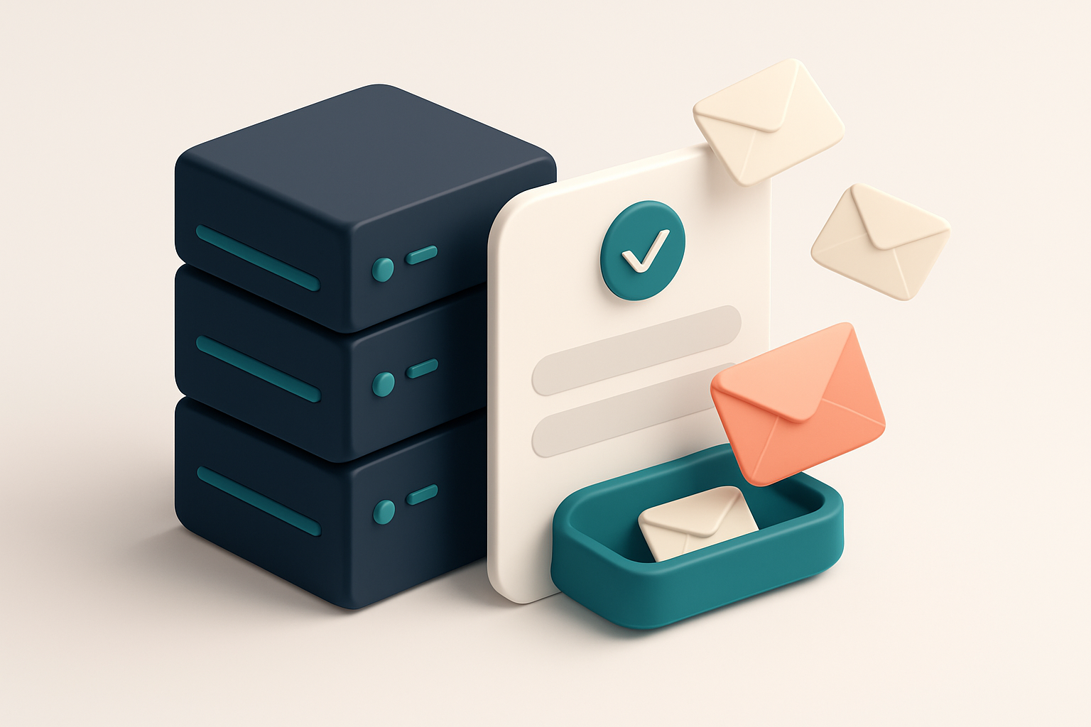 In-body 1: a server rack beside a signup form collecting envelopes, indicating a real-time verification process.