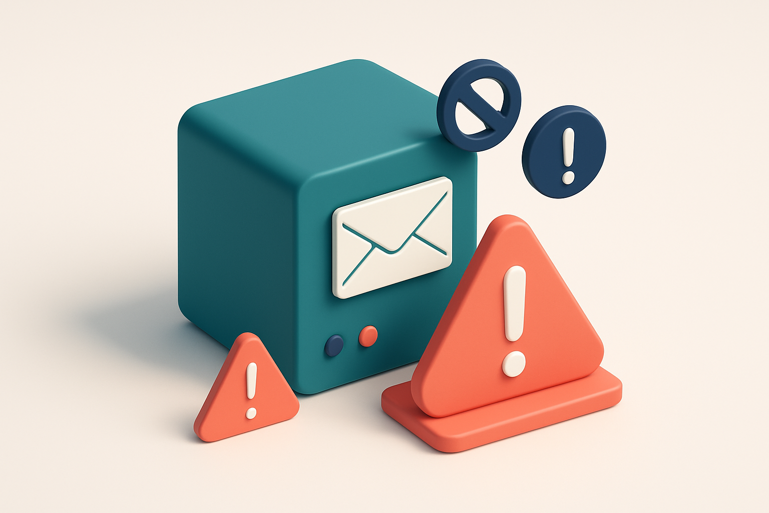 In-body 1: an isometric email server surrounded by warning signs and indicators, representing a domain that's been blacklisted.