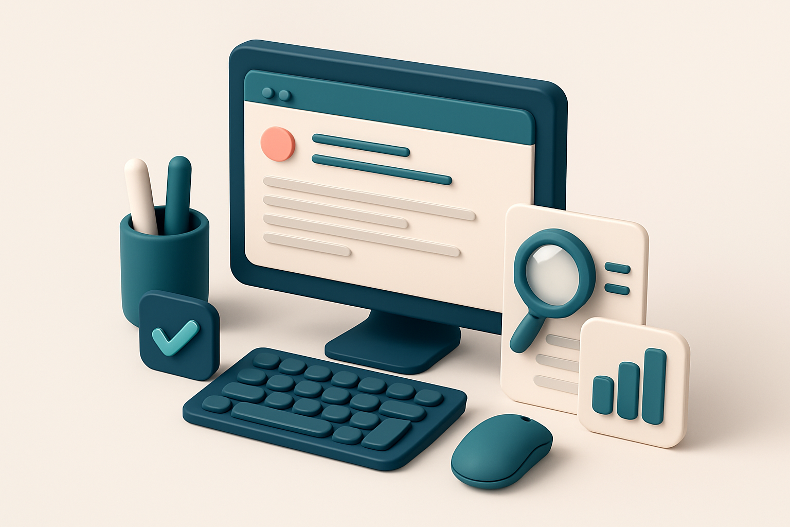 In-body 1: an isometric scene showing a professional workspace with a computer displaying an email draft and tools analyzing it