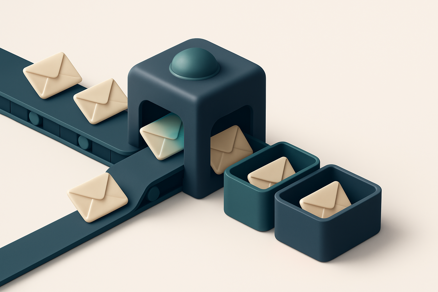 In-body 1: an isometric conveyor belt with emails passing through a scanning machine, sorting them into 'valid', 'catch-all' and 'risky' sections