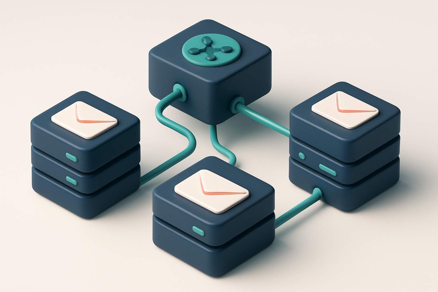 In-body 1: an isometric scene of interconnected email servers, each connected to a larger hub labeled 'Integrations', illustrating seamless connections.