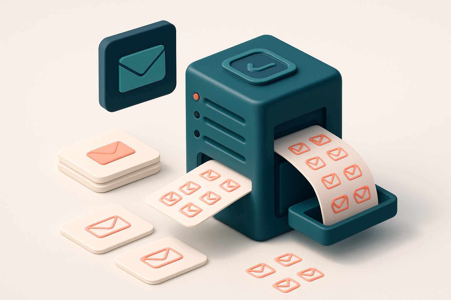 In-body 1: an isometric email server room depicting one server processing a bulk list verification with batches of emails.