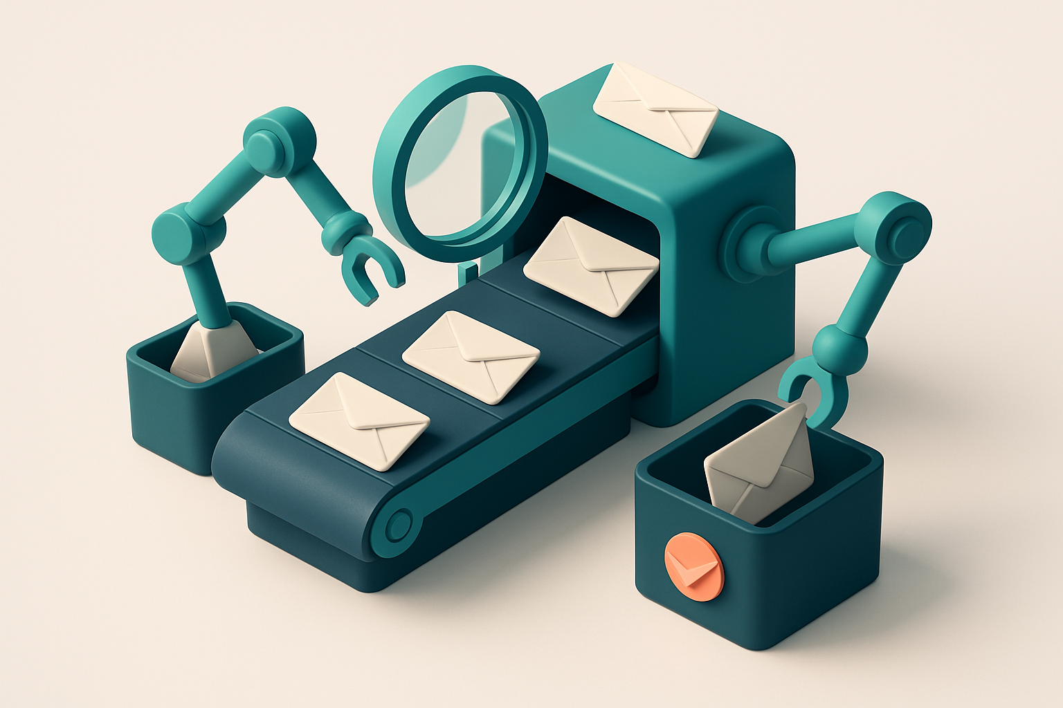In-body 1: a conveyor belt processing emails, with a magnifying glass examining each and automated arms sorting them based on validity.