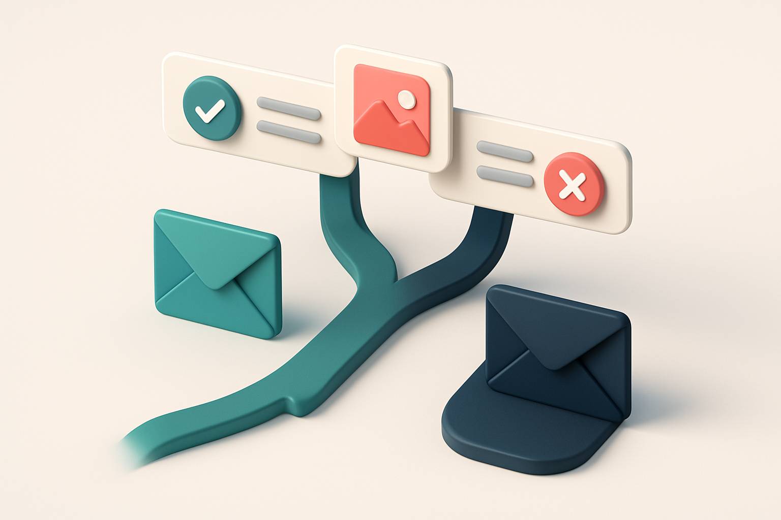 In-body 1: an isometric scene showing a split path with envelopes, representing different email elements being tested like subject lines and images.