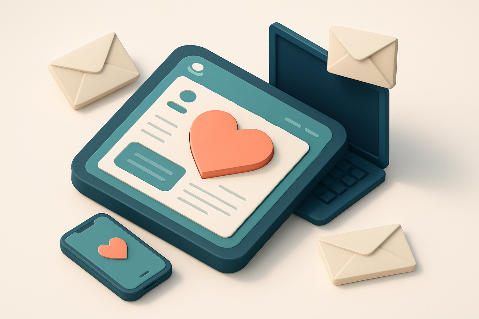 In-body 1: an isometric heart-shaped landing page surrounded by emails and devices, symbolizing Valentine's Day engagement.