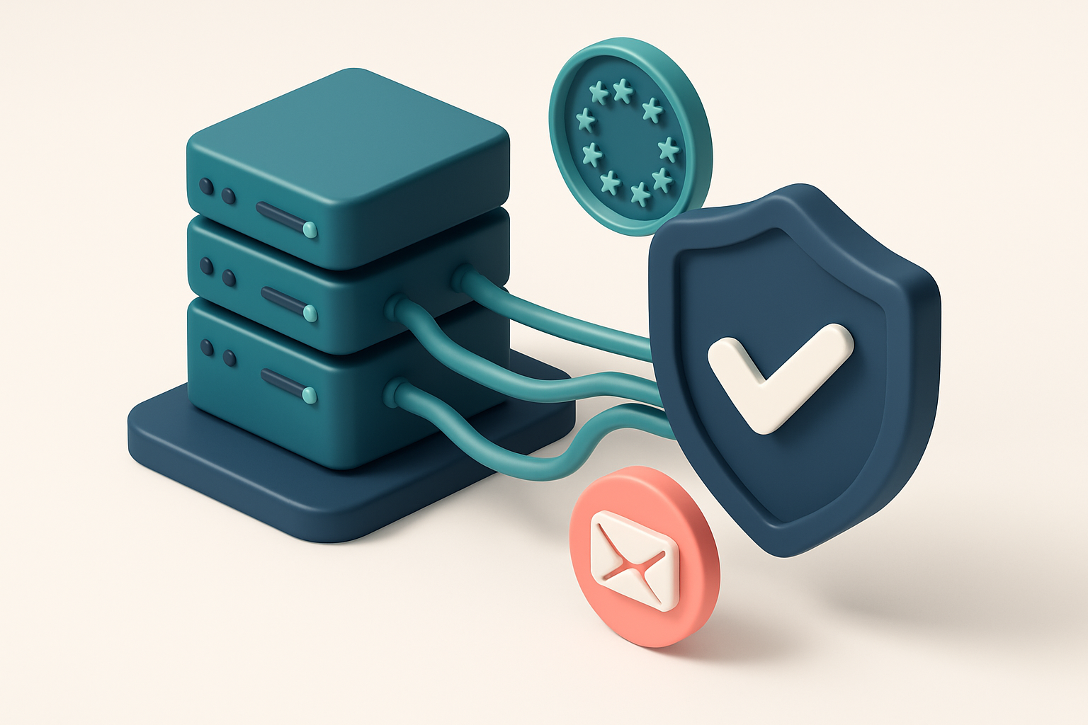 In-body 1: An isometric server room with data flowing through cables to a compliance shield, showcasing regulation icons like GDPR and CAN-SPAM.