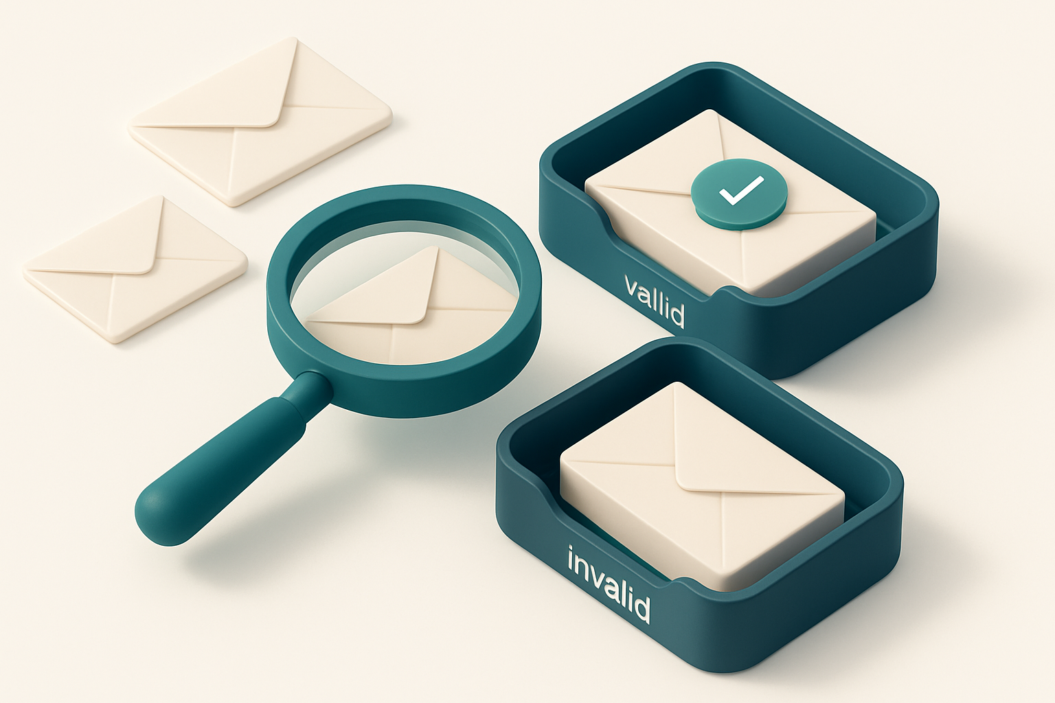 In-body 1: An isometric illustration of a series of email envelopes being scanned by a verification tool and sorted into 'valid' and 'invalid' trays.