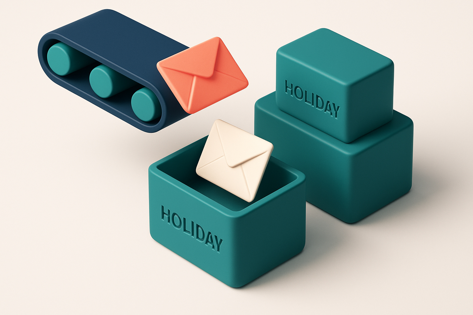In-body 1: an isometric scene of a conveyor belt dropping envelopes onto 'holiday' marked boxes, symbolizing peaks in email volume during holidays.