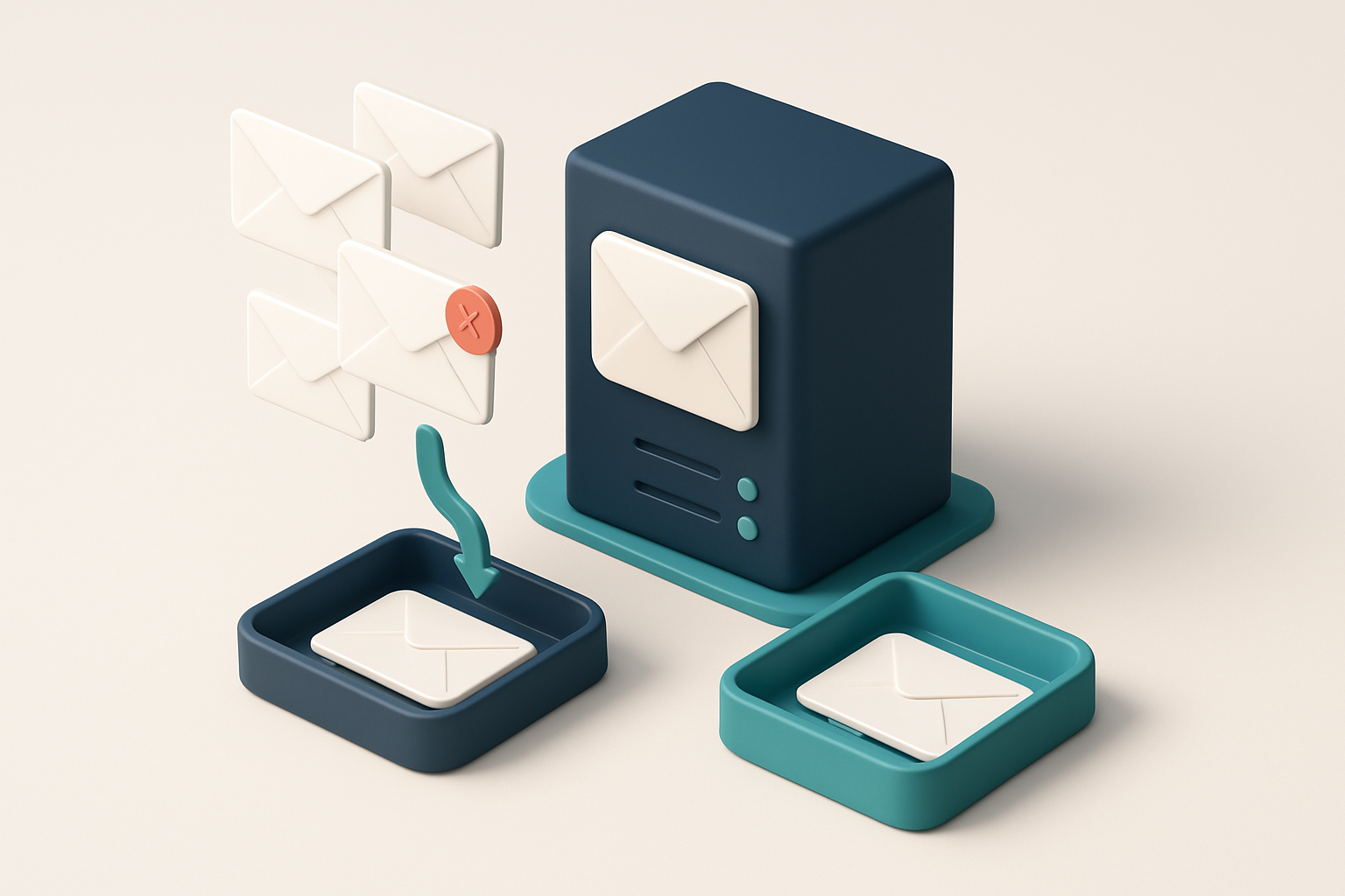 In-body 1: an isometric scene of an email server network with envelopes being filtered into 'valid' and 'invalid' trays, highlighting deliverability checks.