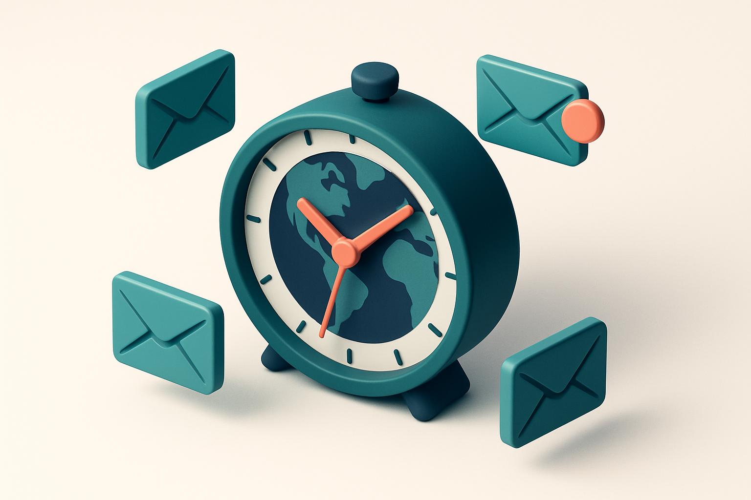 In-body 1: an isometric depiction of a world clock surrounded by email icons, showing time-zone considerations in email scheduling.