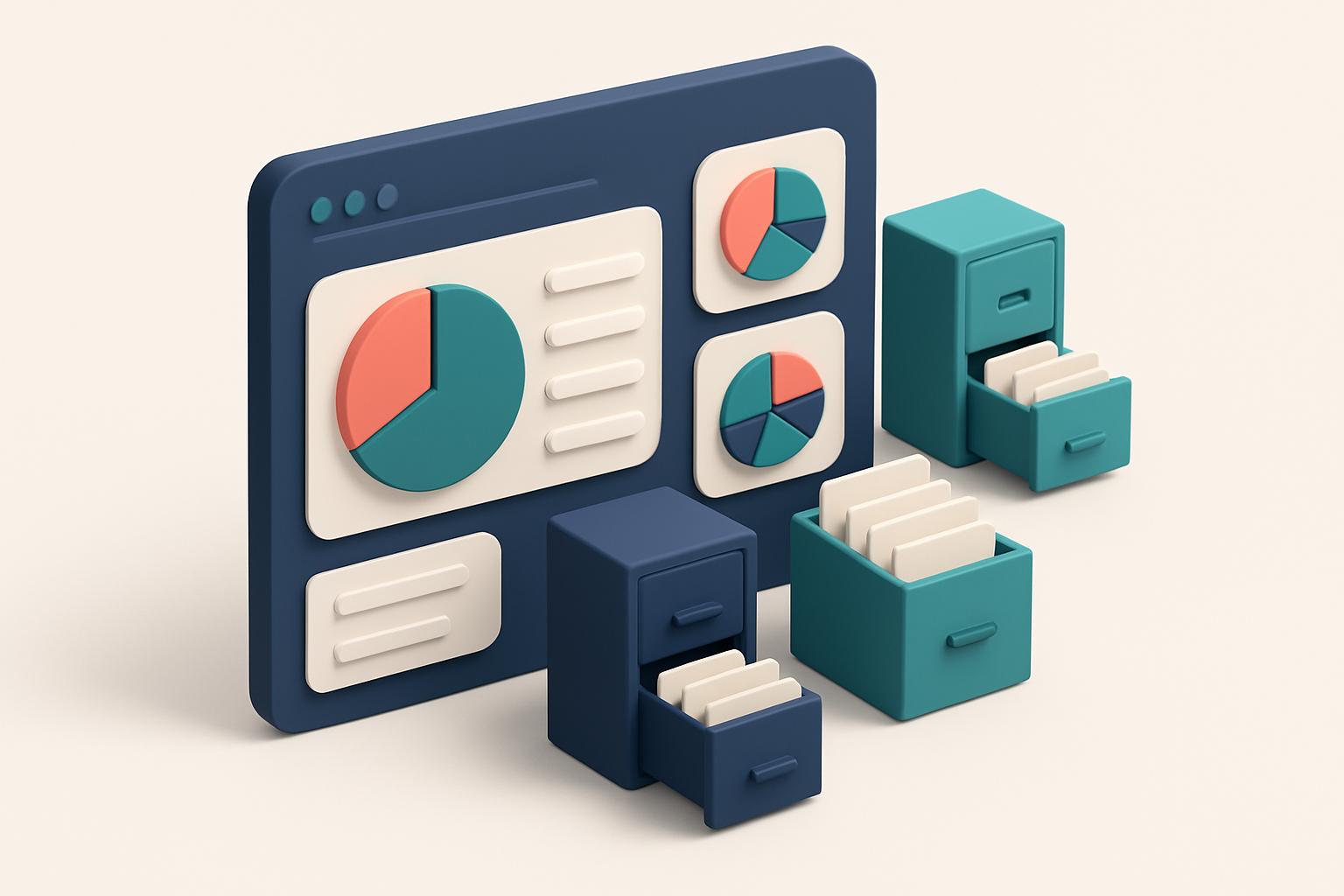 In-body 1: an isometric scene of a segmentation dashboard with colorful pie charts and lists being organized into segmented groups, represented by filing cabine