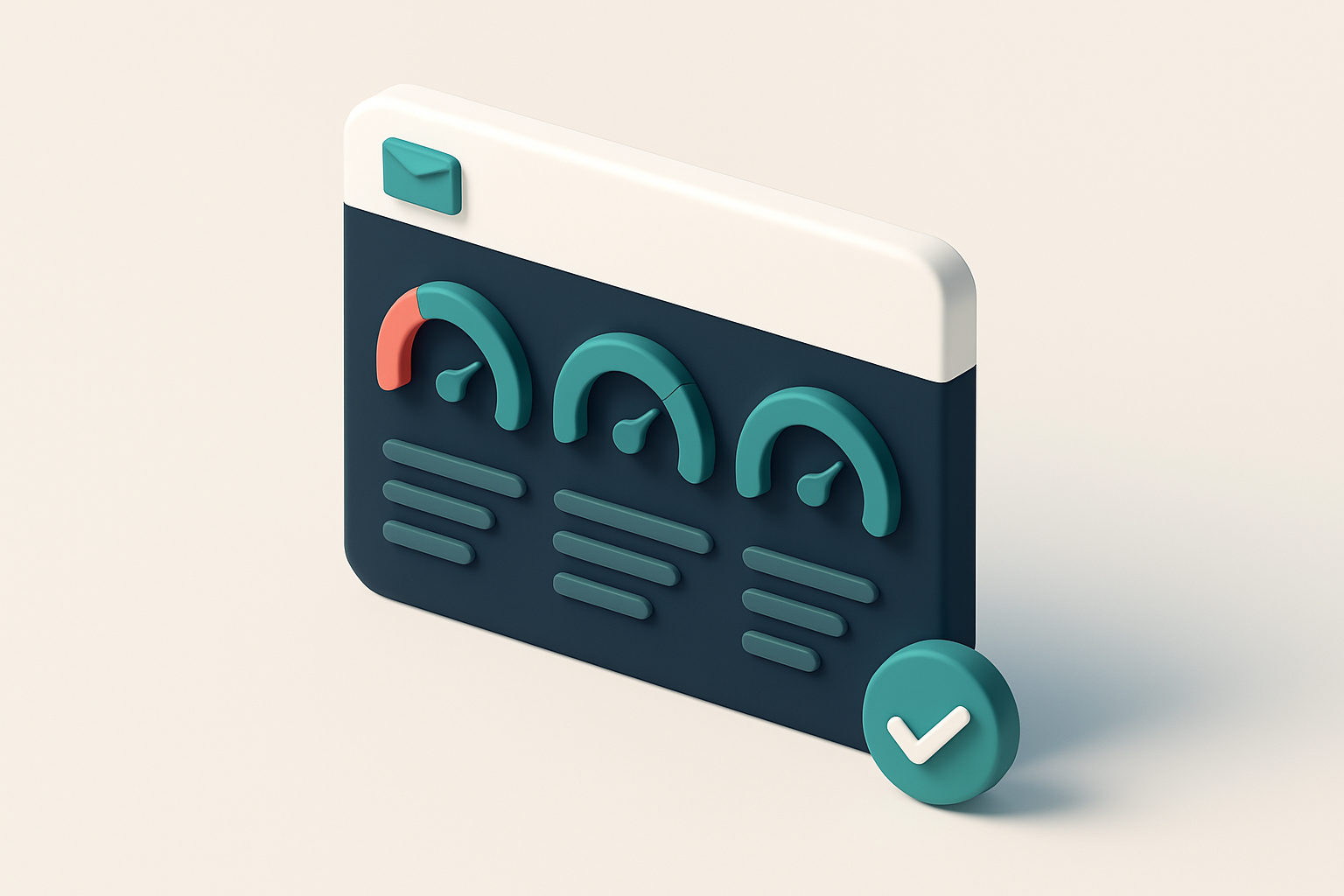 In-body 1: an isometric email dashboard with gauges showing list health indicators and verified checks.