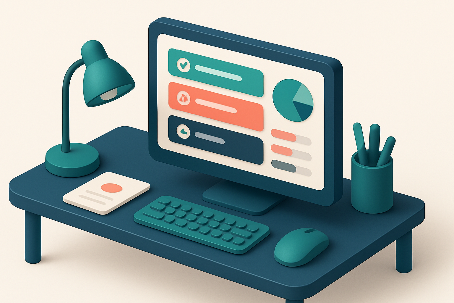 In-body 1: An isometric office desk with a computer displaying an email verification dashboard showing various statuses such as valid, invalid, and risky.