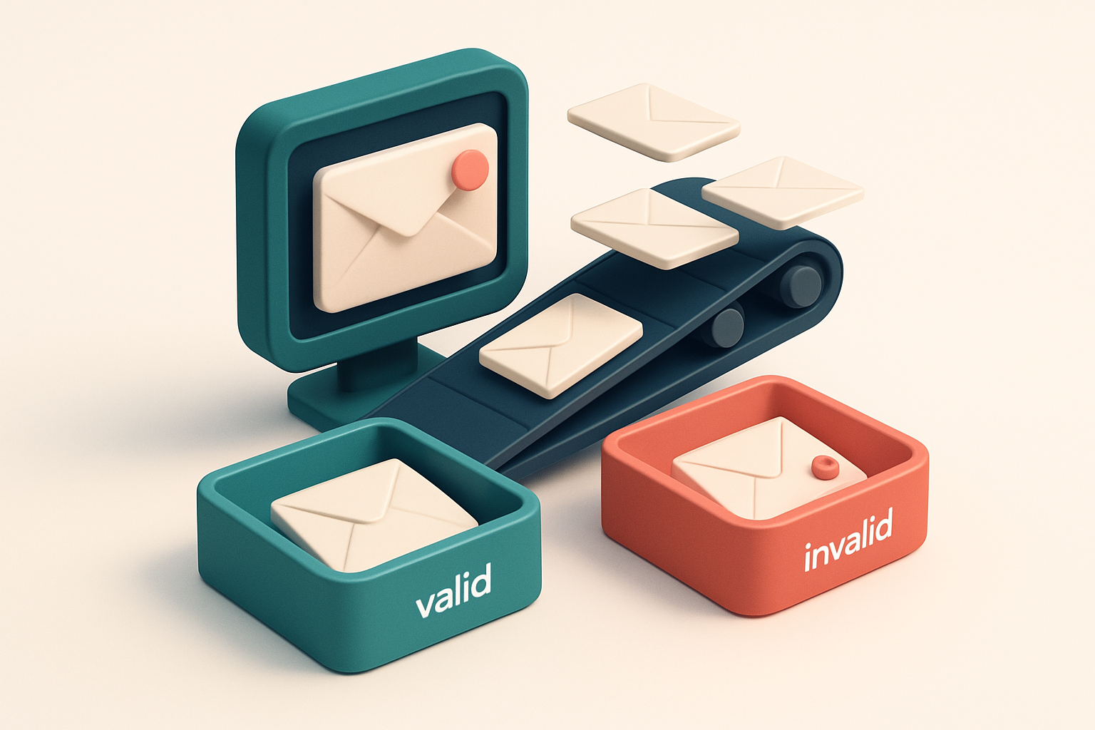 In-body 1: an isometric scene depicting an email inbox with envelopes being sorted into green 'valid' and red 'invalid' trays using a conveyor belt system