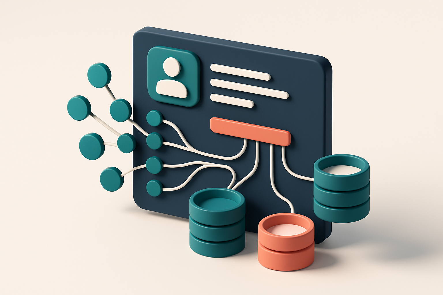 In-body 1: an isometric CRM system screen with interconnected nodes representing data flowing into segmented groups, linked by data lines to illustrate integrat