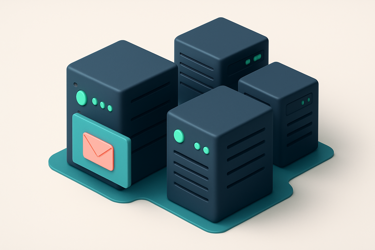In-body 1: an isometric server room showing SMTP and MX servers with status lights indicating active monitoring of email flow.