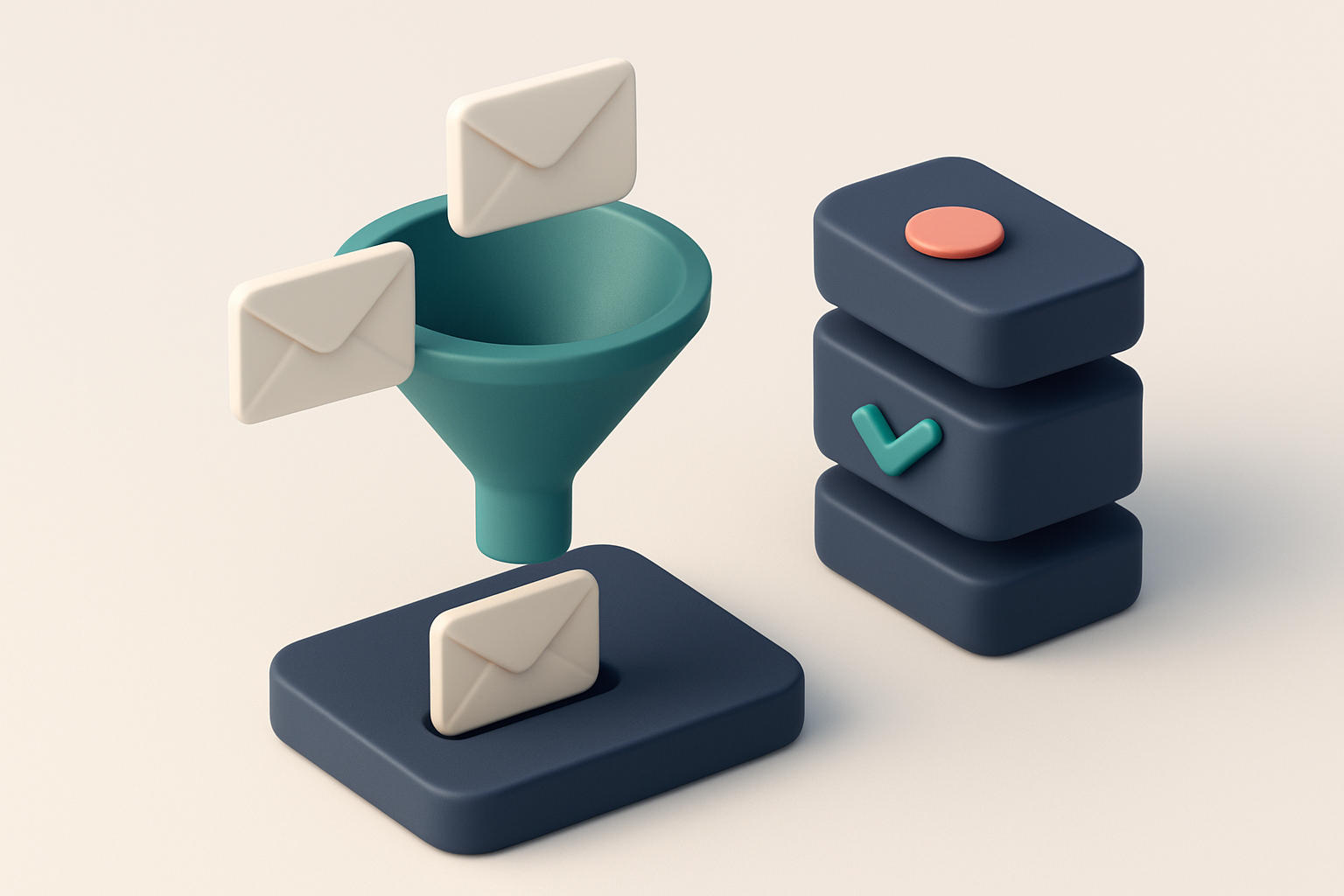 In-body 1: isometric scene of a funnel processing emails with labels showing 'send time', 'verification', and 'engagement'