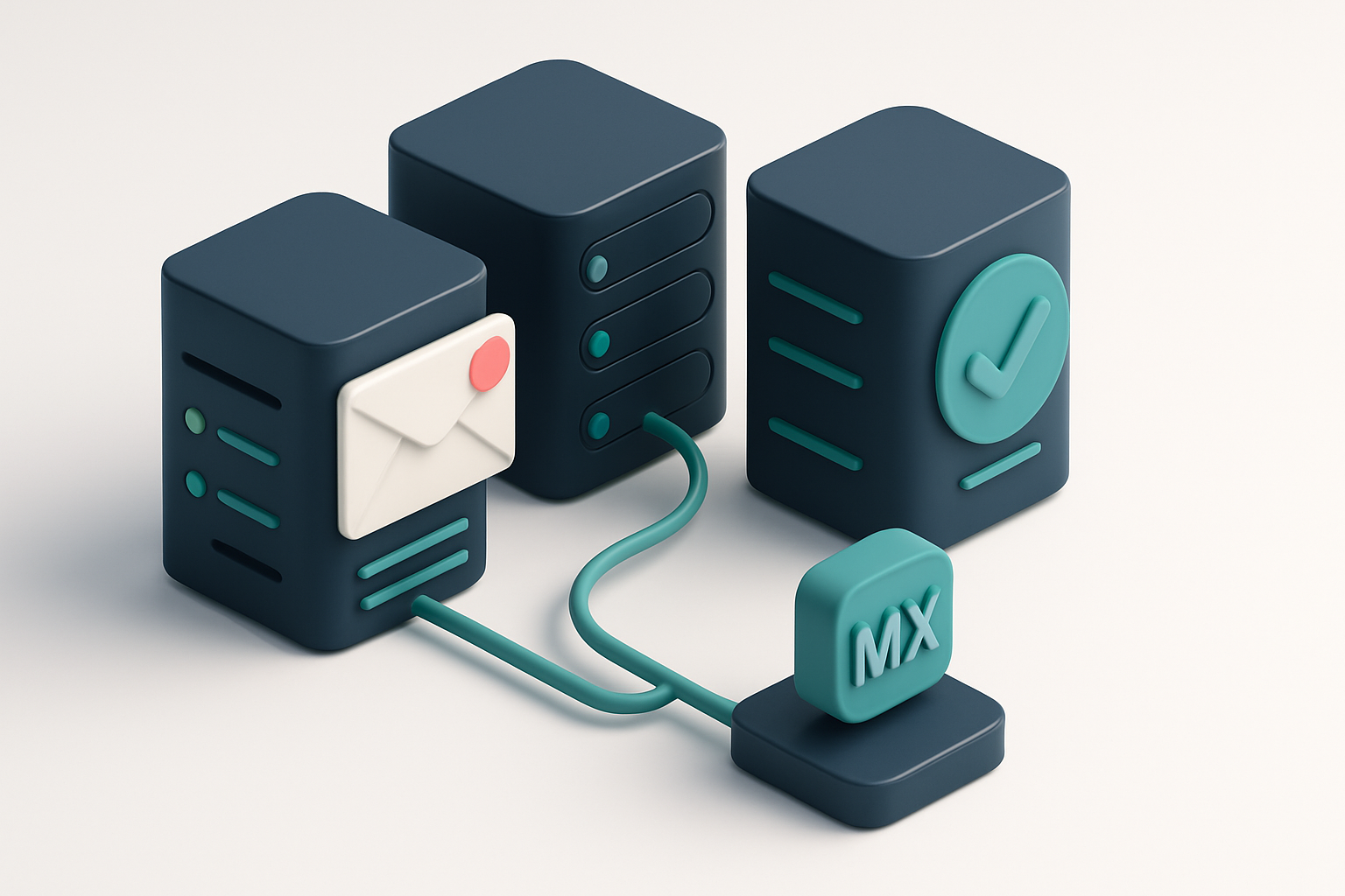 In-body 1: an isometric illustration of servers and data streams representing email verification processes, including SMTP checks and MX records