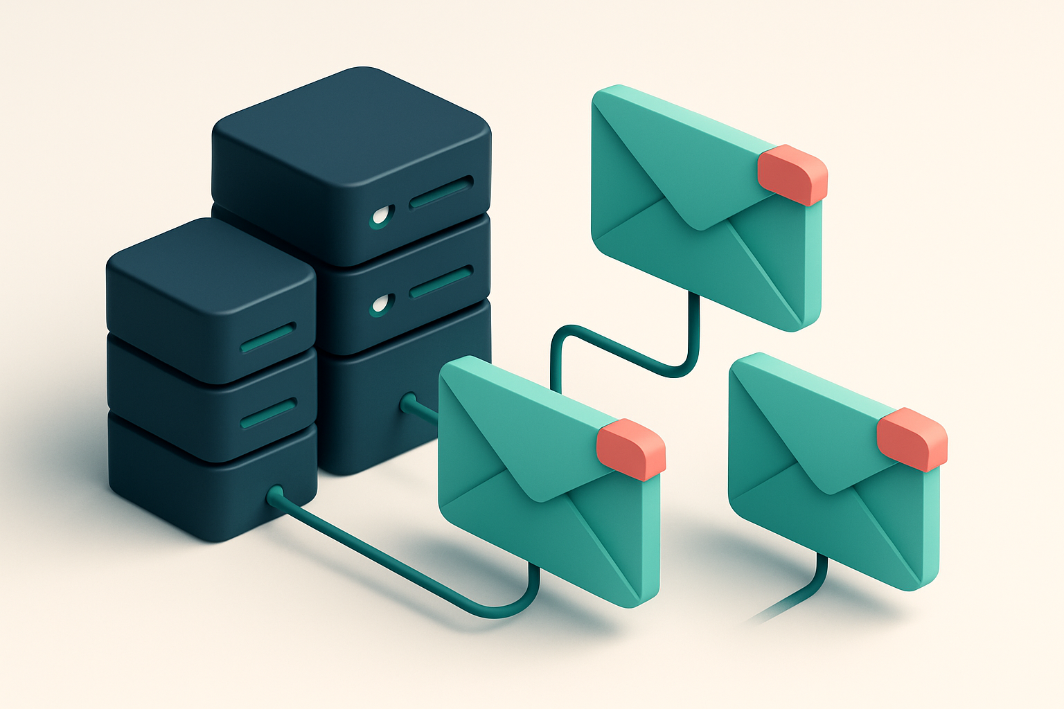 In-body 1: an isometric scene of servers connected to envelopes with MX records tags, illustrating the email verification process.