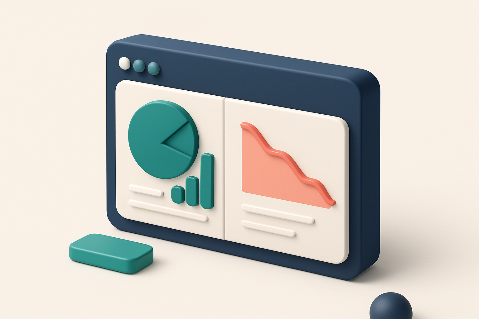In-body 1: an isometric illustration showing a dashboard with a split screen, one side showing successful email delivery statistics, the other showing a decline