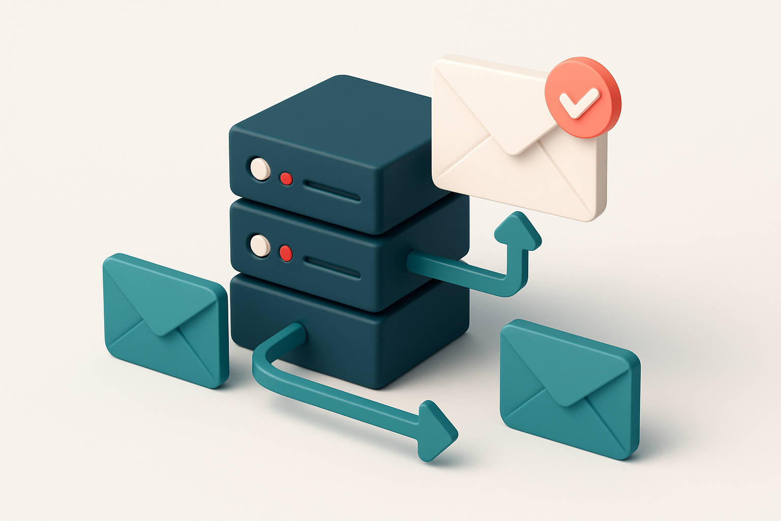 In-body 1: an isometric scene of a server rack connecting with envelopes, showcasing data flow and email verification process.