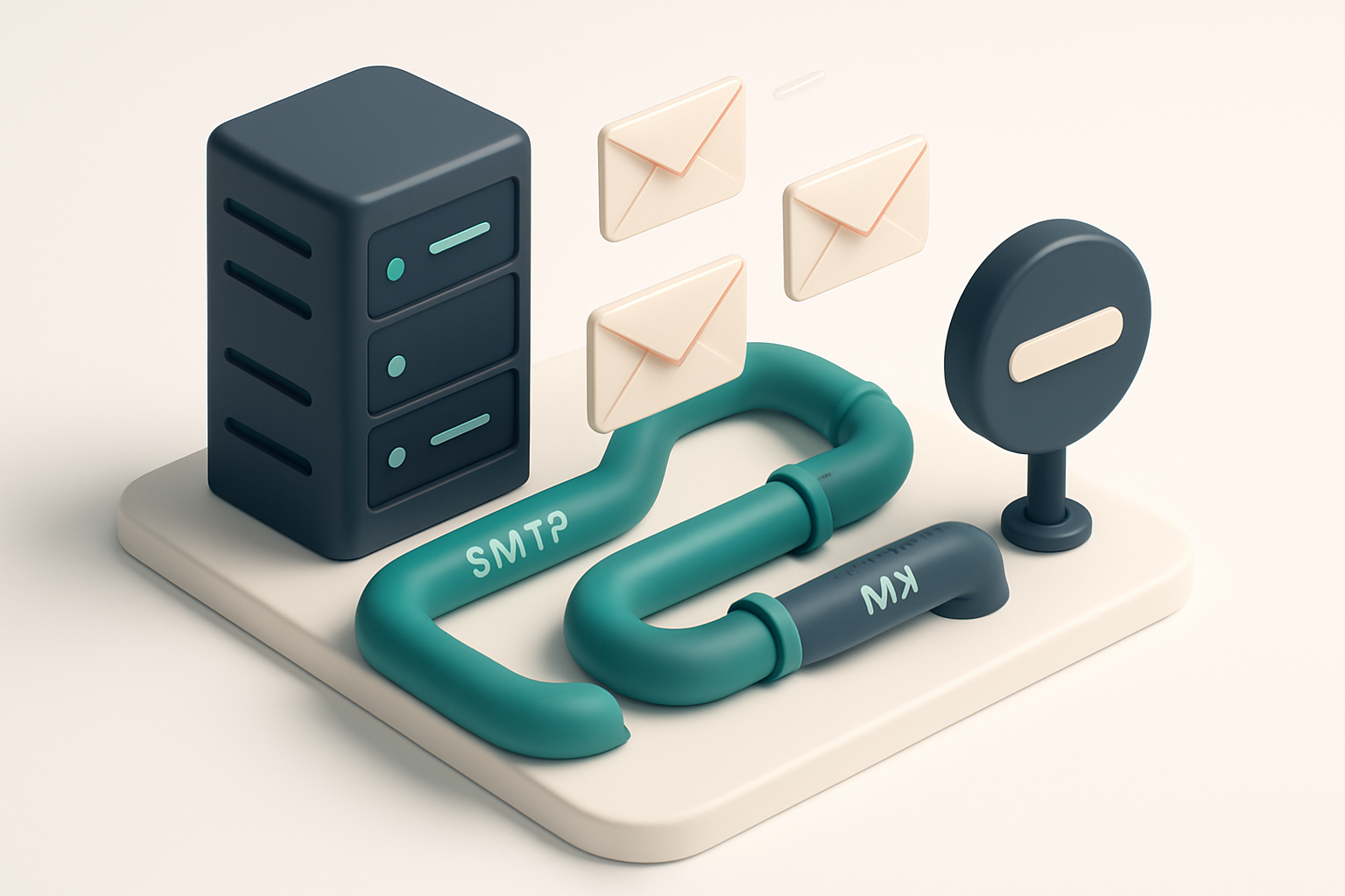 In-body 1: a server room with email envelop icons traveling through clean, maintained SMTP and MX pipelines, bypassing a dark 'do not enter' sign symbolizing bl