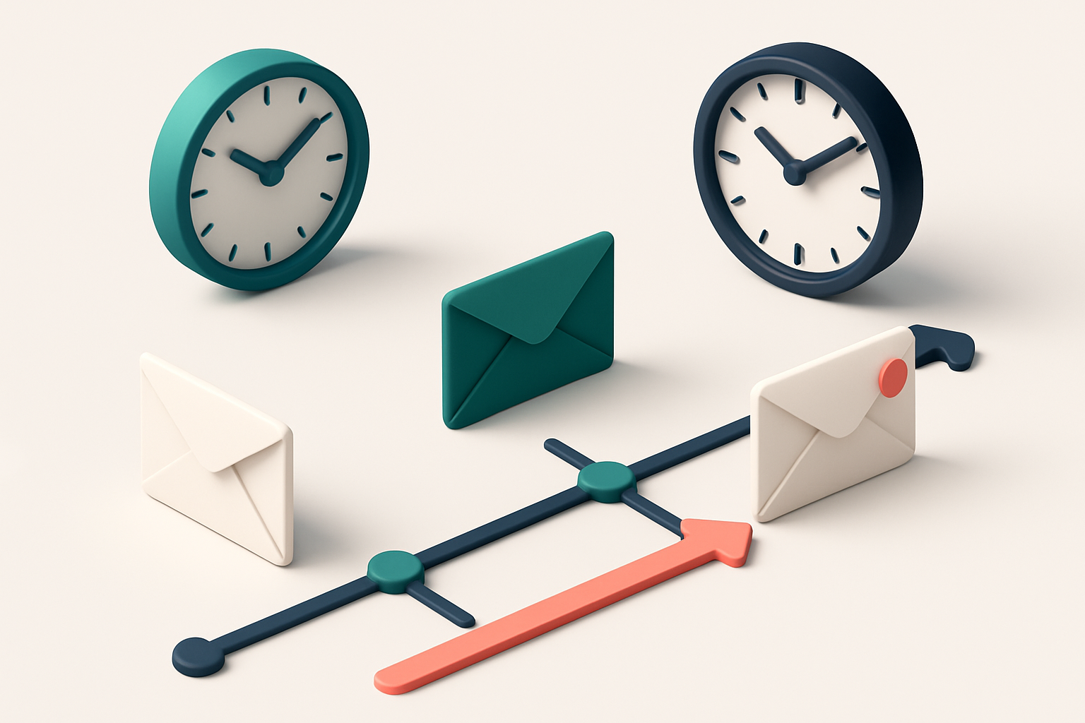 In-body 1: an isometric setup showing a timeline with envelopes being sent at optimized times, with clocks showing different timezones