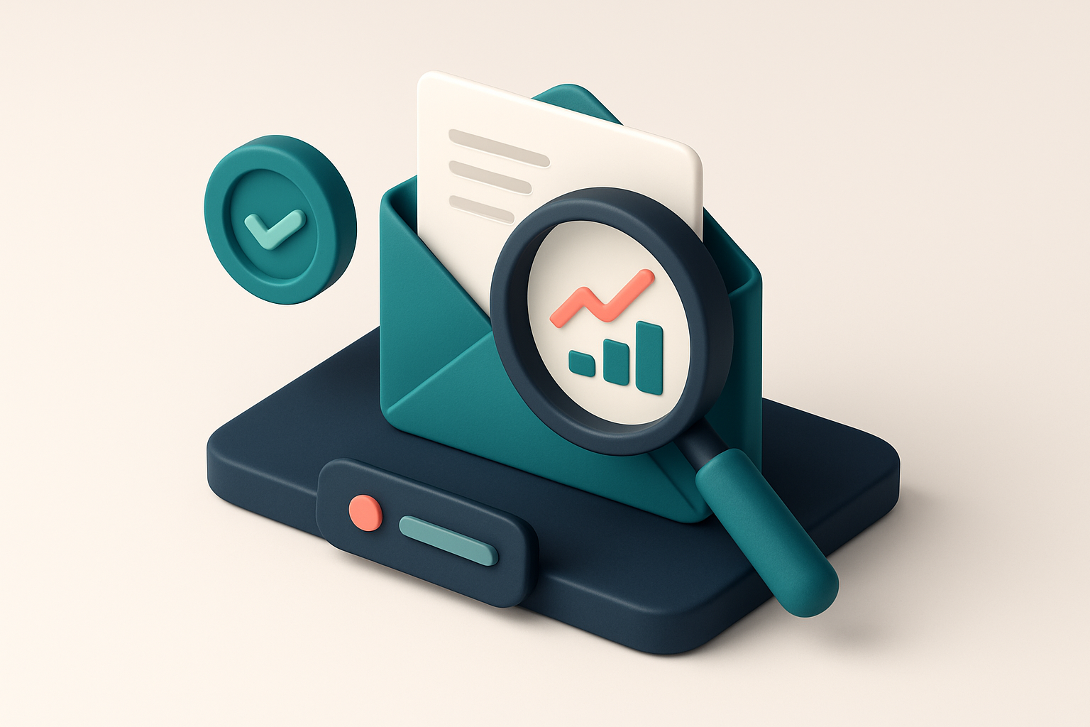 In-body 1: an isometric scene of an email being scanned by a digital magnifying glass with analytics data like open and click rates visualized