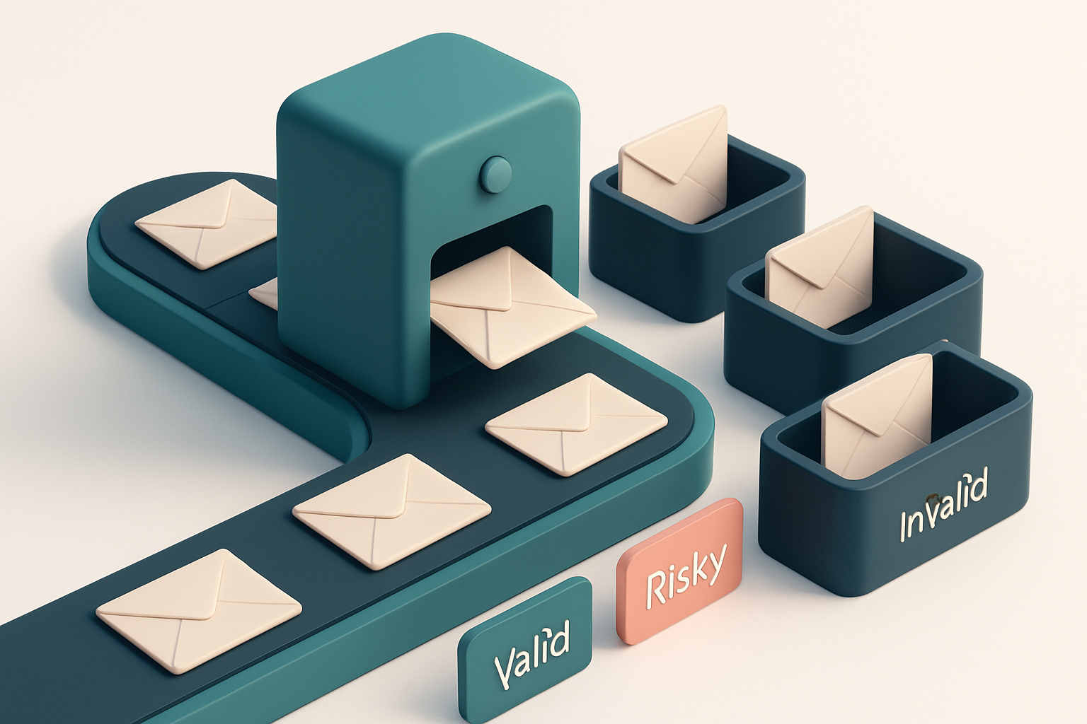 In-body 1: an isometric scene depicting a conveyor belt with envelopes getting sorted into bins marked 'valid', 'invalid', and 'risky'