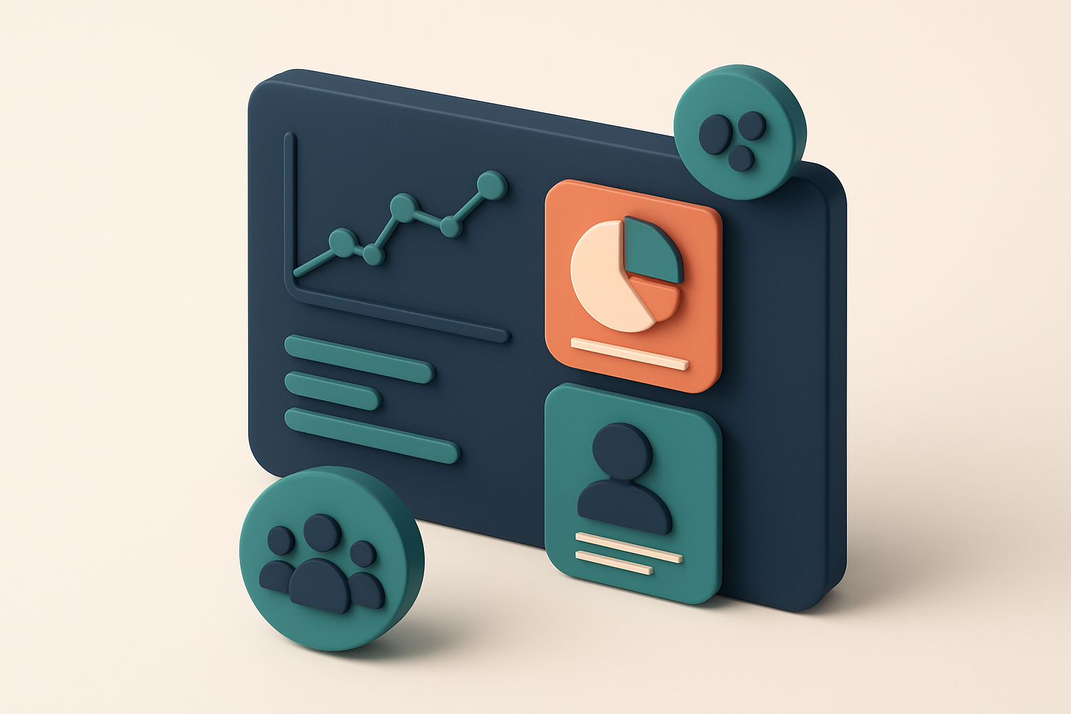 In-body 1: an isometric scene of a dashboard analyzing audience data, highlighting segments and demographics