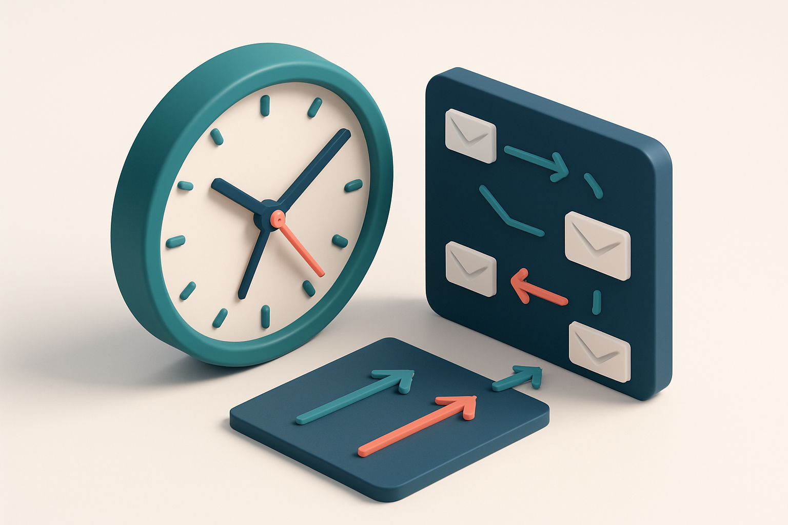 In-body 1: an isometric scene of a clock set to different times over an email schedule, with arrows indicating optimal send times