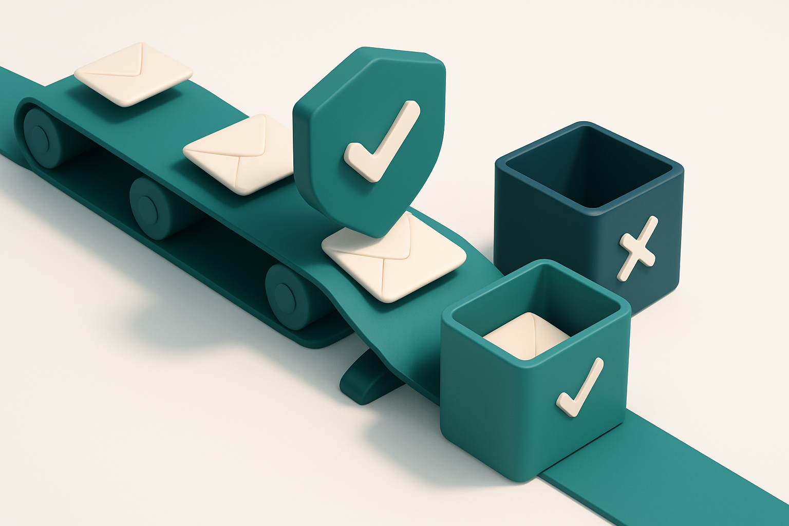 In-body 1: an isometric scene showing an envelope conveyor belt passing through a verification shield and getting sorted into 'pass' or 'fail' bins